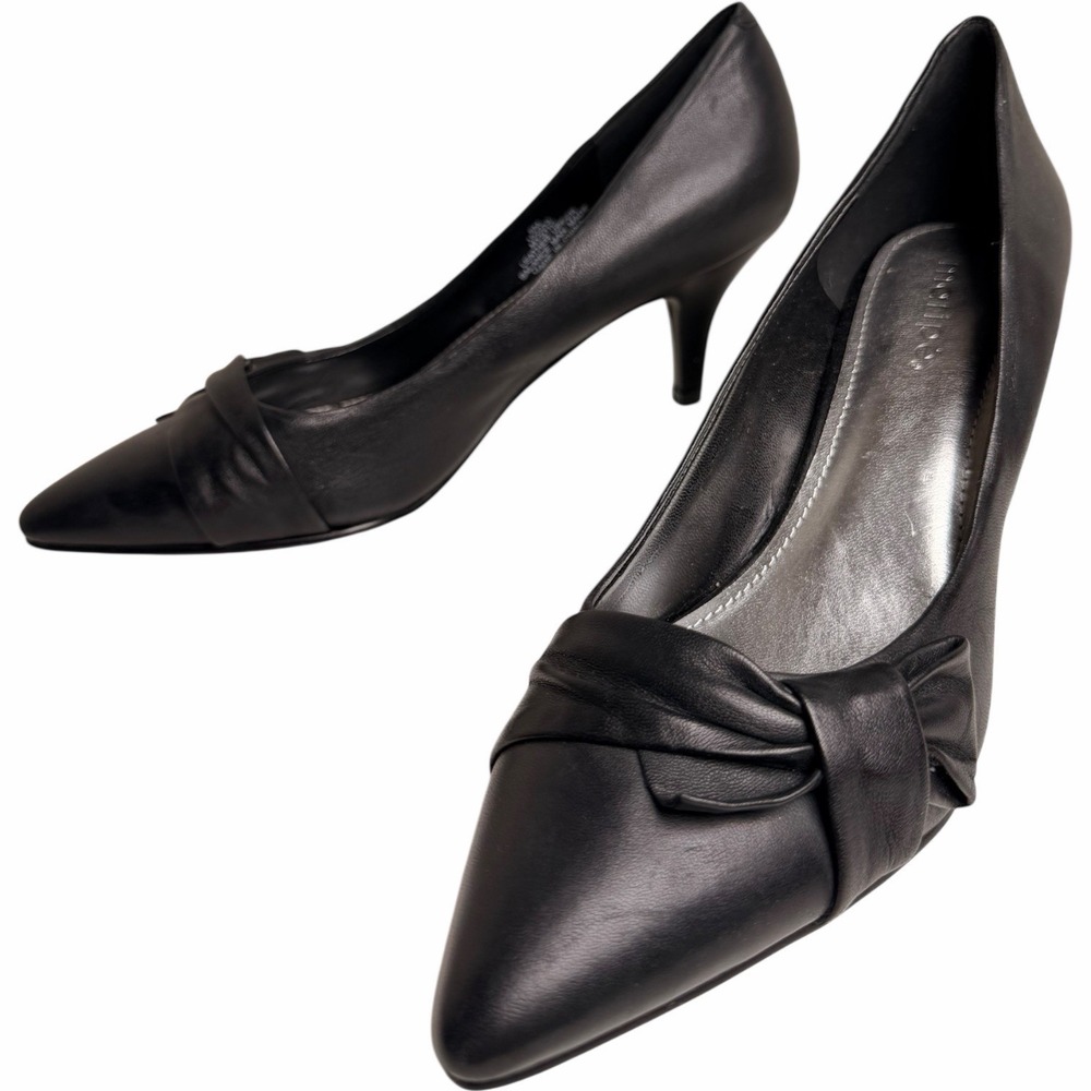 Maripe Mystic 152253 Black Leather Bow Pumps Women's 8M Pointed Toe Kitten Heels